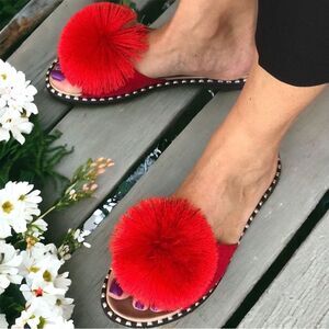 Party People! Summer Rio Red Pom Pom Poof Mule Padded Slide Sandals